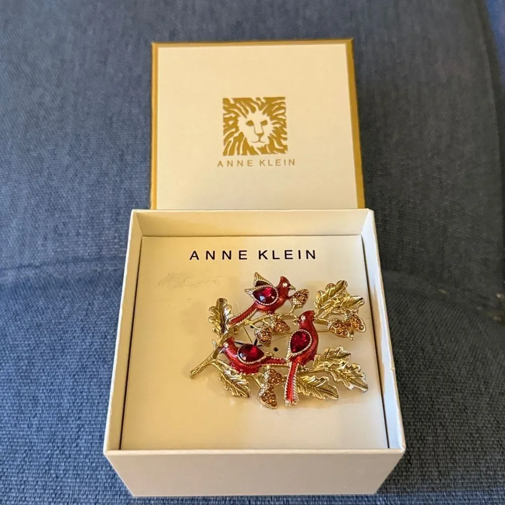 NWT Anne Klein Birds on a Branch GoldTone Brooch with red, clear & gold Crystals